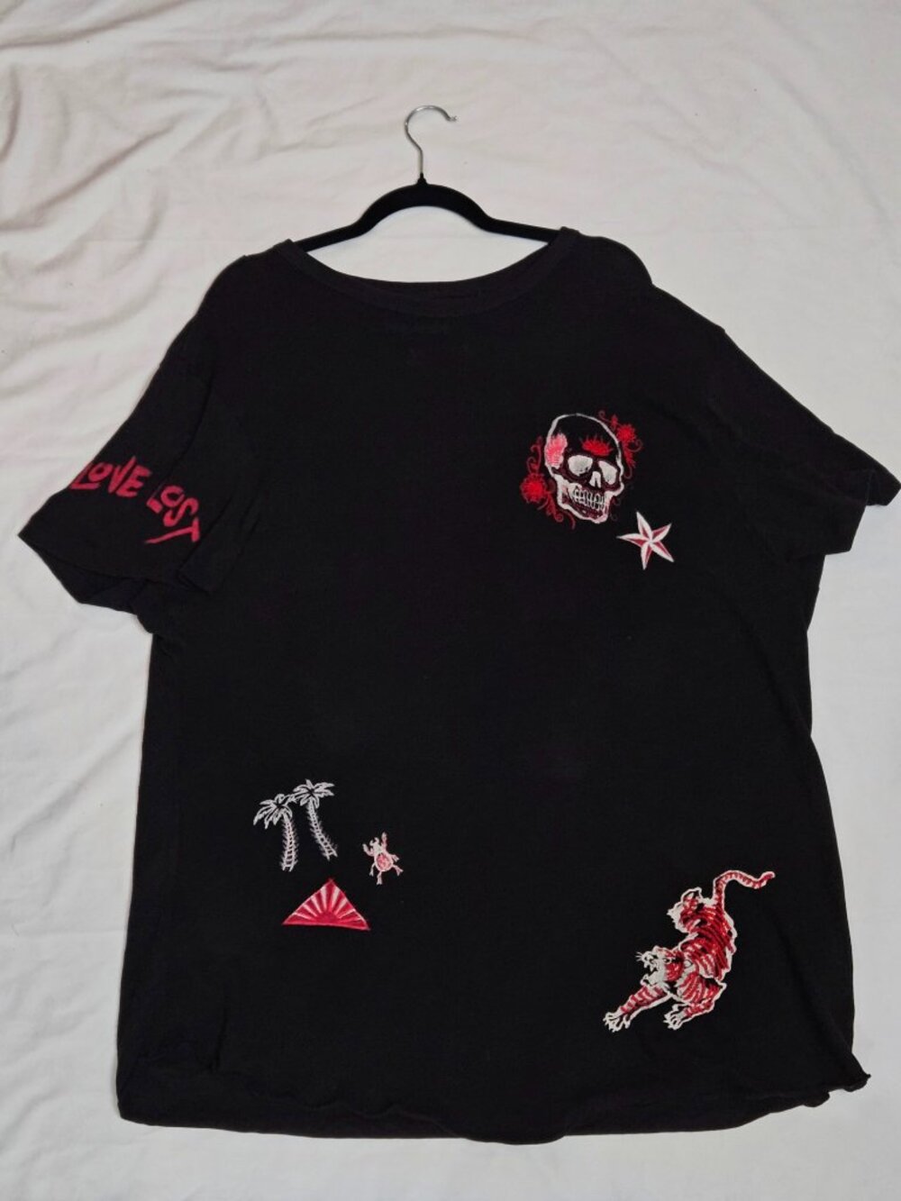 True Religion Mens 3XL Black Embroidered Shirt Skull Tiger Love Lost Graphic Tee